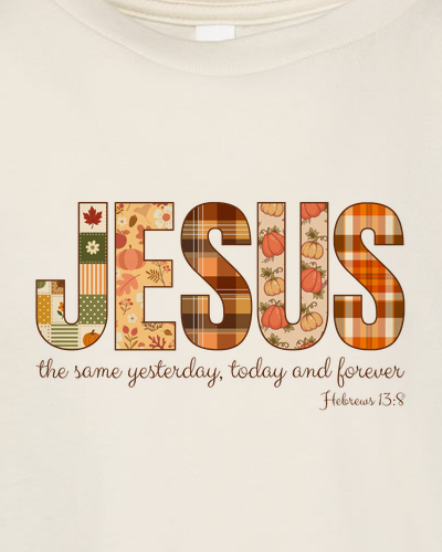 A close-up of a light beige or off-white garment, likely a t-shirt, featuring a graphic print of the word 'JESUS' in autumn-themed patterns (plaid, pumpkins, leaves) with the text 'the same yesterday, today and forever Hebrews 13:8' printed below.